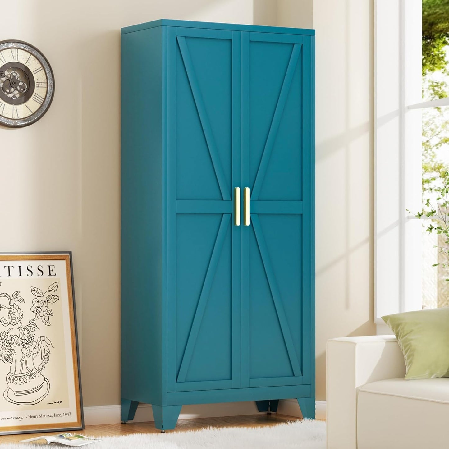 71H Tall Metal Storage Cabinet with 2 Doors and 5 Shelves,Farmhouse Storage Cabinet with Barn Doors,Pantry Storage for Home,Office,Bathroom,Dining Room,Kitchen(Blue)