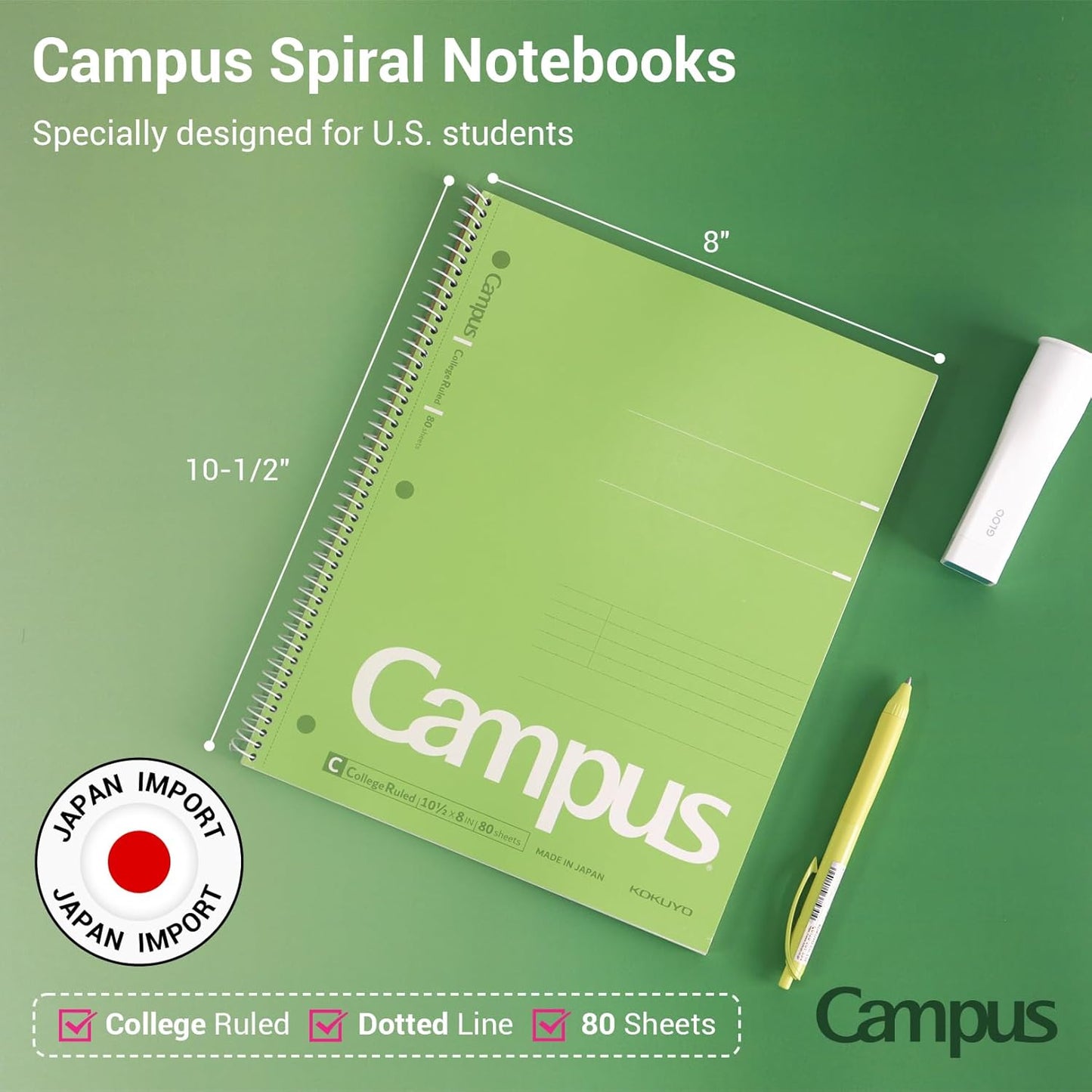 KOKUYO Spiral Notebook, 3 Pack Campus 10-1/2" x 8" Subject Notebooks with College Ruled, 80 Sheets, Pink Blue Green 3 Holes School Spiral Journal for Work Study Note Taking (WSG-SU-400G1×3)