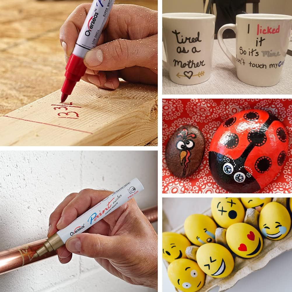 Overseas Permanent Paint Markers Pens - 3 Pack Black Oil Based Paint Pens, Medium Tip, Quick Drying and Waterproof Marker Pen for Metal, Rock, Wood, Fabric, Plastic, Canvas, Mugs, Stone, Glass