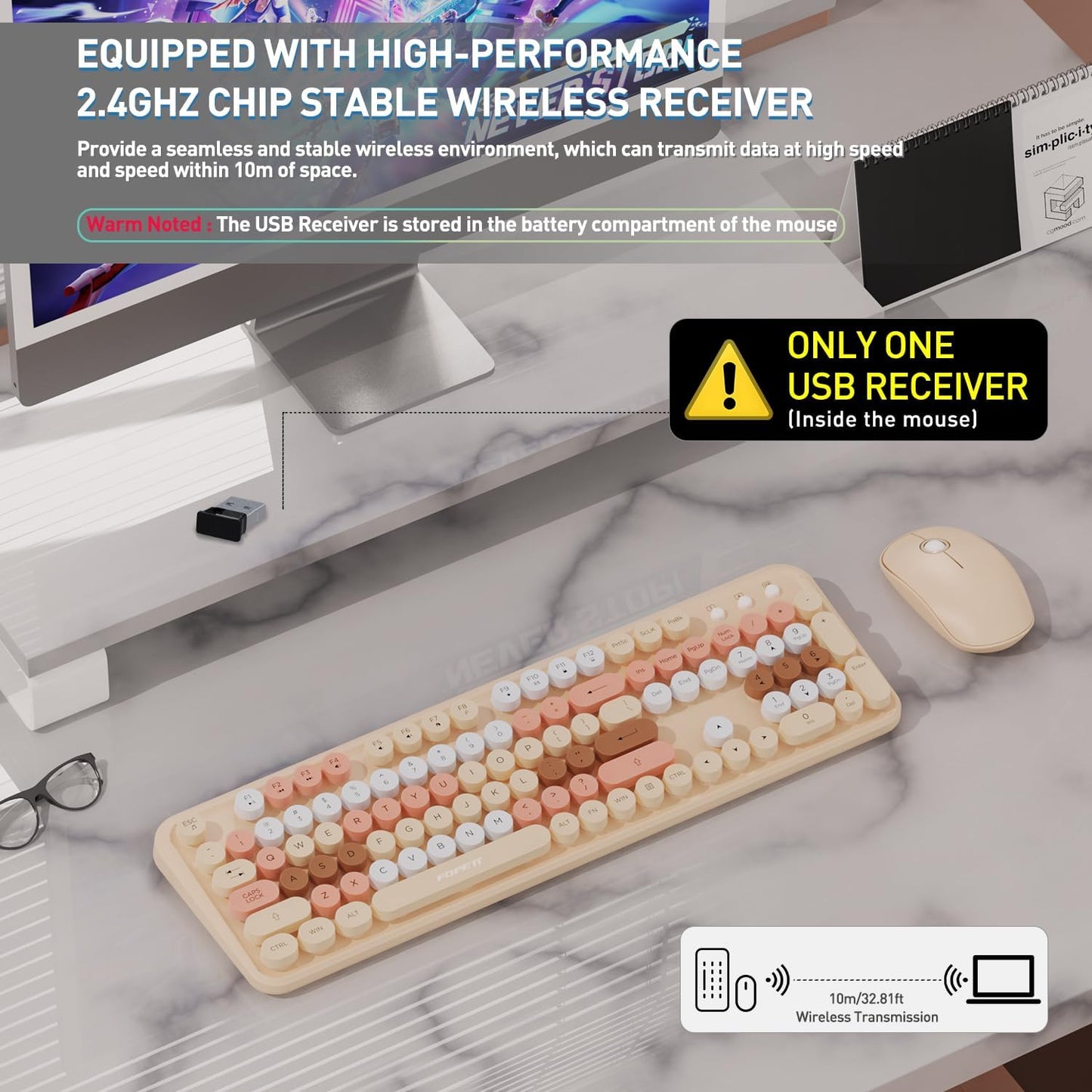 FOPETT 2.4GHz Wireless Keyboard and Mouse Set with Switch Button - Full-Size Keyboard - Compatible for Windows/Laptop/PC/Notebook/Smart TV and More - Milk Tea Colorful