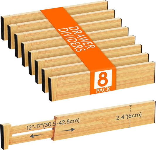 Lifewit 8 Pack Drawer Dividers Bamboo 2.4" High, 12-17" Adjustable Drawer Organizers for Clothes, Wooden Dresser Separators in Bedroom/Bathroom/Kitchen/Fridge/Office Organization and Storage