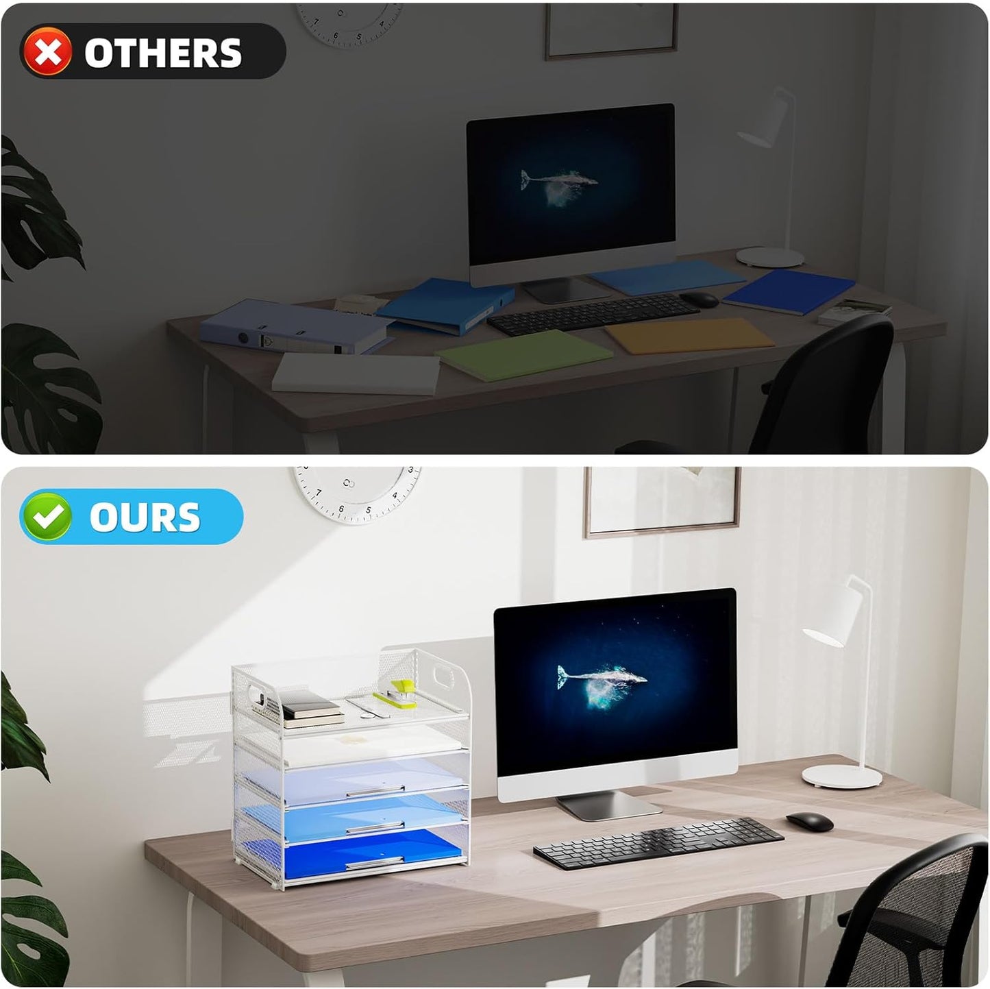 Marbrasse Paper Organizer Letter Tray, 5 Tier Mesh File Organizer with Handle, Paper Sorter Desk Organizer for Home Office Supplies - White