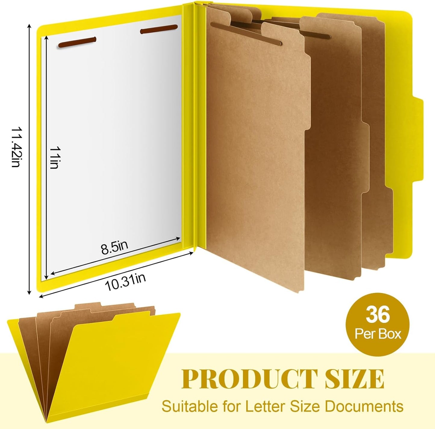 36 Pcs Classification Folders Letter Size, 3 Divider Pressboard File Folder with Fasteners, Expanding File Organizer Bulk for Teachers, Clergy, Office, Church, Christmas Donations (Yellow)