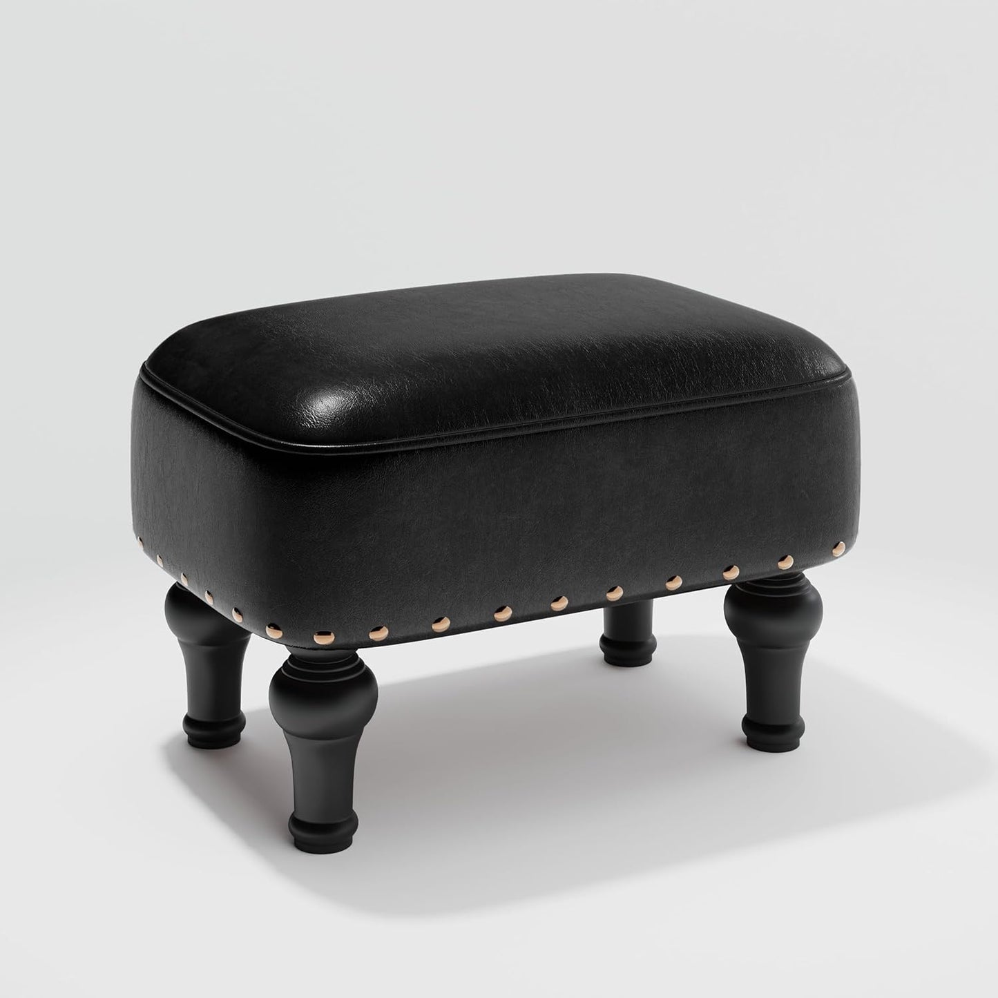 Ottoman Leather Foot Rest with Thicker Foam Padded Seat, Footstool with Wooden Legs (Black)
