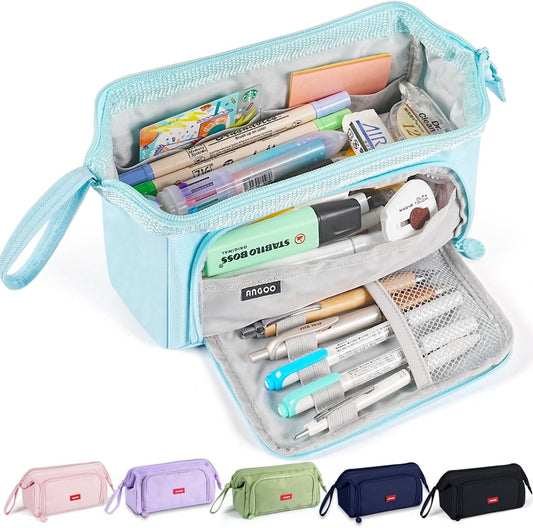 Pencil Case Pouch Large Capacity with Compartments, Pencil Case Pouch Bag with Zipper Handle for Teen Girls Boys Adults Women Men, Portable Pen Bag Stationery Organizer for Office School Travel, Blue