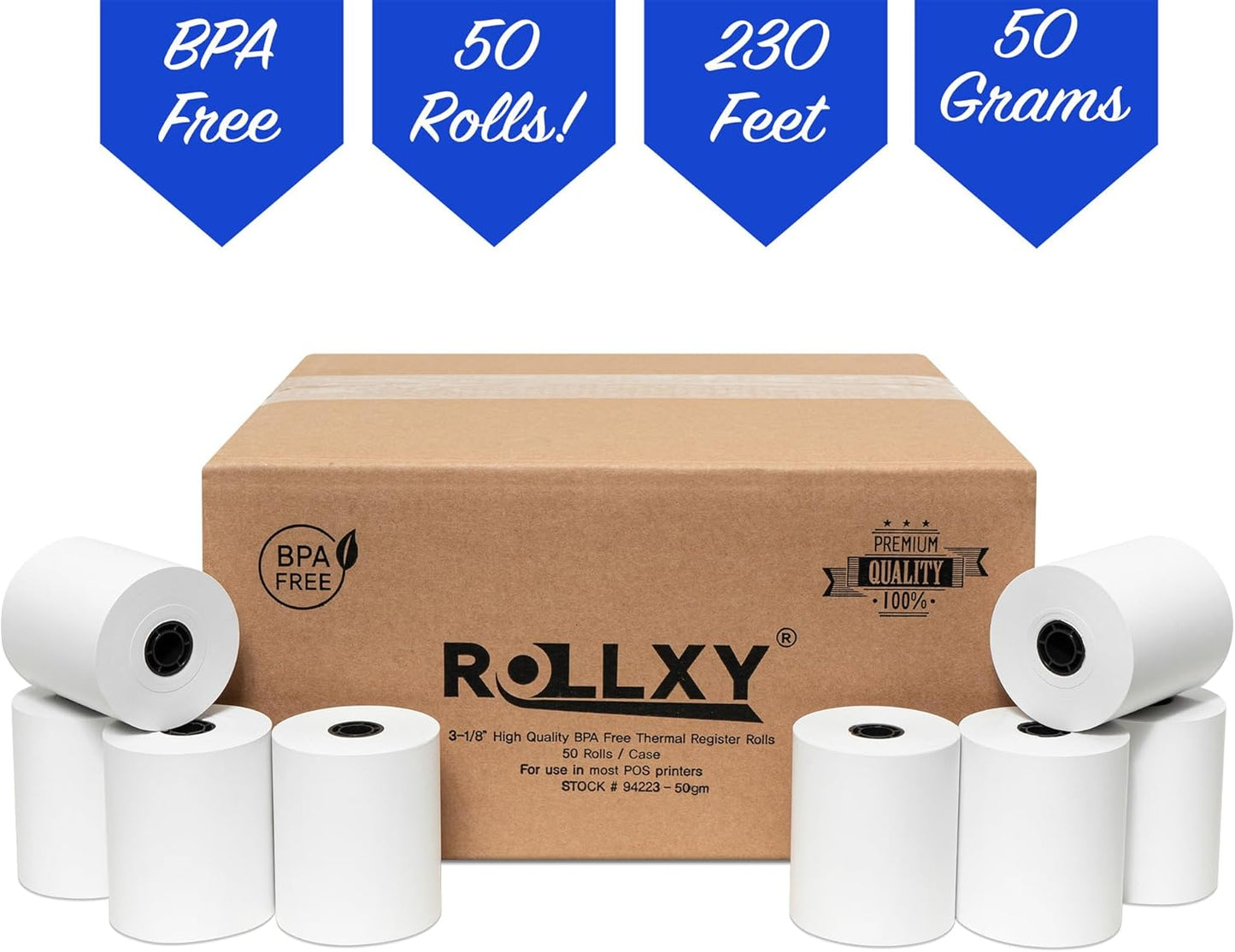 3-1/8 X 230 Thermal Paper Compatible with Star CT-S300 Tsp 100 BPA Free 50 rolls by Rollxy (50gm Thickness)