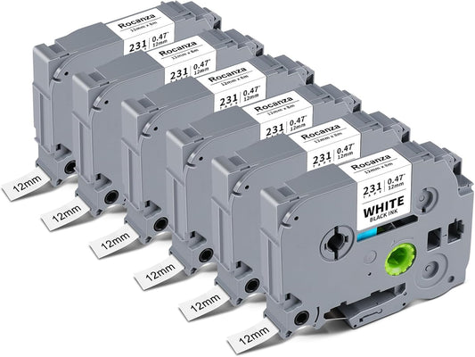 Replace for Brother Label Maker Tape TZe-231 TZe231 12mm 0.47 Laminated White Tz Tape Compatible with P Touch TZe 1/2" Black on White for PT-D220 D210 H110 D200 D400 1280 1880 D610BT Refills, 6-Pack