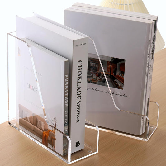 Acrylic Magazine Rack File Holder Desk Organizers and Storage 2-Pack Small Clear Acrylic Vertical Magazine Holder Book Stand for Office Desk