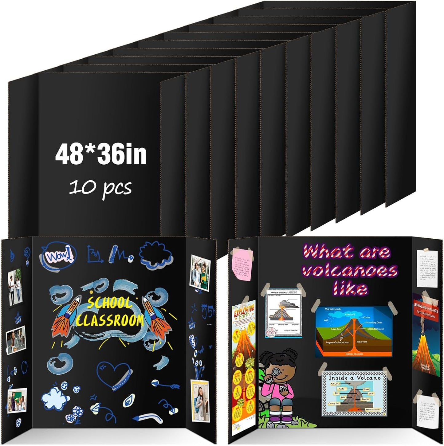 10 Pack Trifold Poster Board 48" X 36", IKAYAS Double Sided Black Poster Boards, Science Fair Display Boards for Mounting, Prints,Art,Display,Projects Classroom Supplies