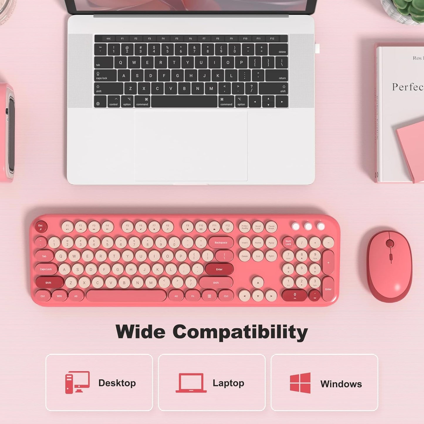 MOFII Wireless Keyboard and Mouse Combo, Cute Keyboard Full Size and Wireless Mouse, 2.4GHz Retro Typewriter Keyboard Wireless Mouse Set for PC/Desktop/Laptop/Windows (Hot Pink)