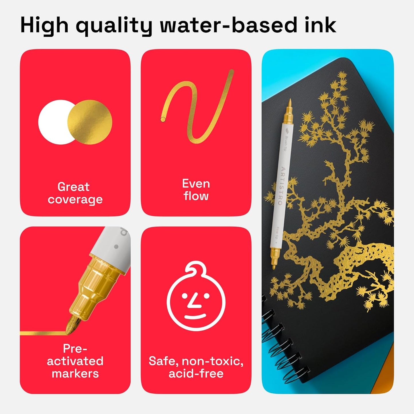 ARTISTRO 2 Gold Dual-Tip Acrylic Paint Pens - Multisurface Markers for Fabric, Plastic, & More, 1 mm Fine & Brush Tips