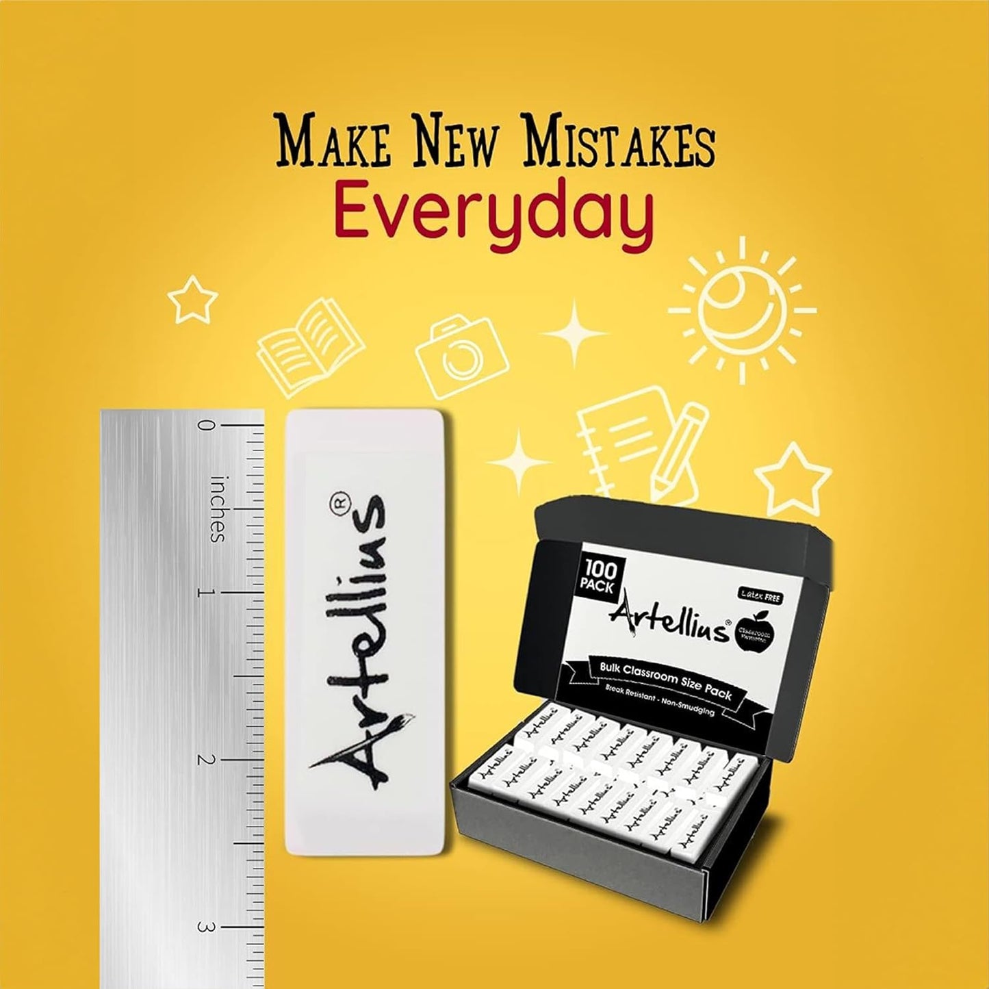 Artellius White Erasers - Large Size Latex & Smudge Free - Bulk School Supplies for Classrooms, Drawing, Teachers, Homeschool, Office, Art Class - Pack of 100 - Teacher Supplies