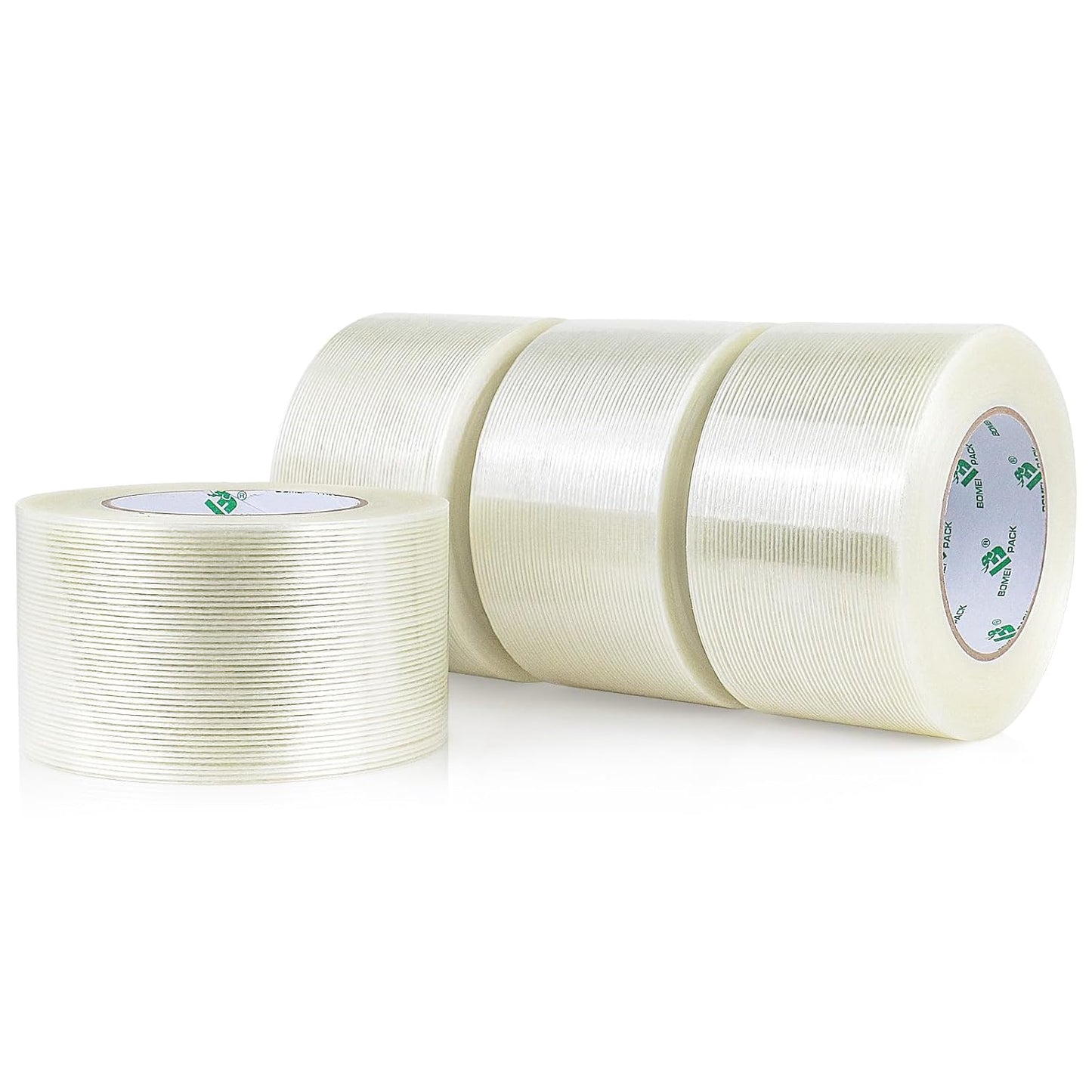 BOMEI PACK Fiber Reinforced Packing Tape 3 Inch, Heavy Duty Wide Strapping Tape, 4Rolls x 5.9Mil x 60Yds, Total 240Yds