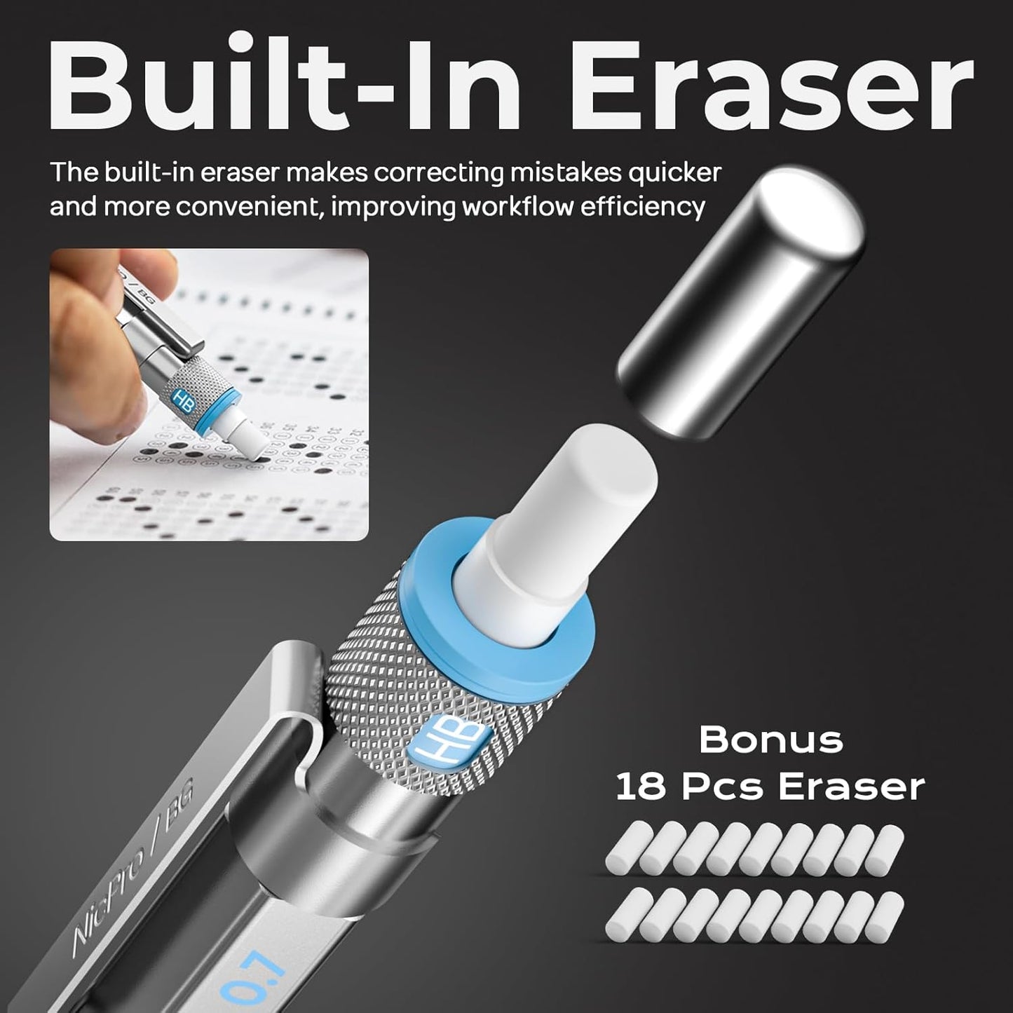 Nicpro 3 Pack Blocky Gear 0.7 mm Metal Mechanical Pencils Set with Case, Lead Drafting Pencil with 8 Tube (480PCS) Lead Refills(HB 2B), 4 Erasers, 18 Eraser Refills for Art Writing, Sketching Drawing