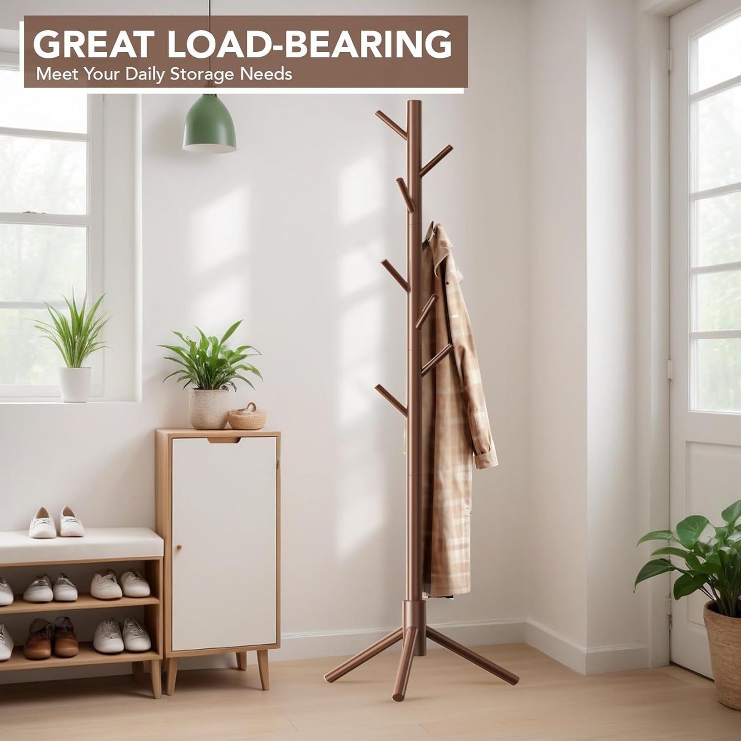 Wooden Tree Coat Rack Stand,Sturdy Freestanding Coat Rack with 8 Hooks,3 Adjustable Height for Child Adult,Wood Coat Stand Tree Fits Entryway Bedroom Office for Bags,Hats