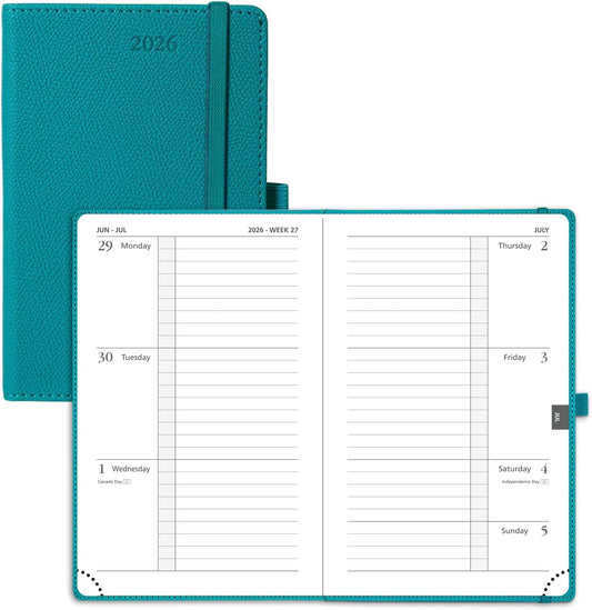 POPRUN Weekly Planner 2026 Calendar (Pocket 4'' x 6.25'') 12 Months Notebook with Horizontal Layout, Leather Hardcover, Inner Pocket, 100GSM Thick Paper, Pen Holder TJ - Pacific Green