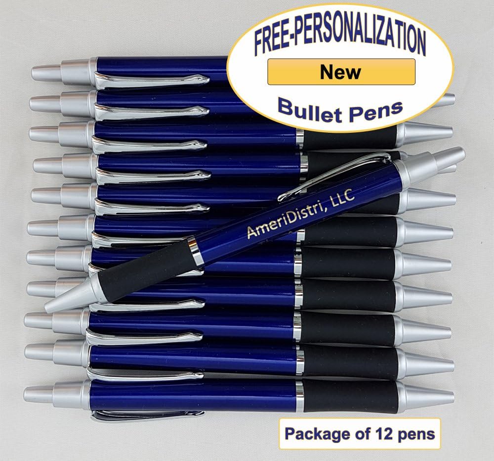 ezpencils - Personalized - Elegant Tip and Click Silver Accents on Blue Solid Color Body and Black Grip - Bullet Ballpoint Pens - 12 pkg - ** FREE PERZONALIZATION **