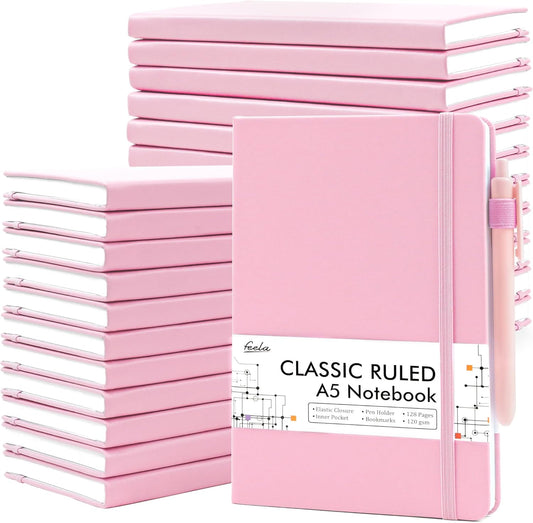 feela 24 Pack Journal Notebook Bulk for Work, Business Notebook Hardcover Lined Writing Journal with Pen Holder for Men Women Note Taking, with 24 Black Pens, 120 GSM, 5.1”x8.3”, A5, Rose Pink