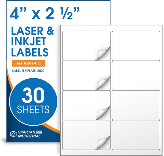 4" X 2 1/2" Printable Shipping Address Labels Compatible with Inkjet and Laser Printers - 30 Sheets, 240 Total Matte White Paper Stickers for Mailing Packages and Envelopes - Spartan Industrial