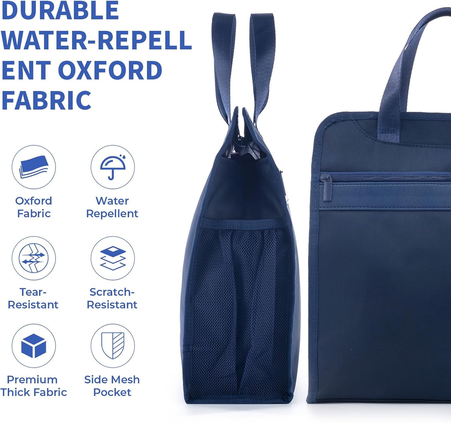 M&G Oxford Zipper Document Bag, Vertical Double Layer Waterproof Handle Document Tote Bag for Carrying Paper Documents Books Computer Water Cup1 Pack (Dark Blue)