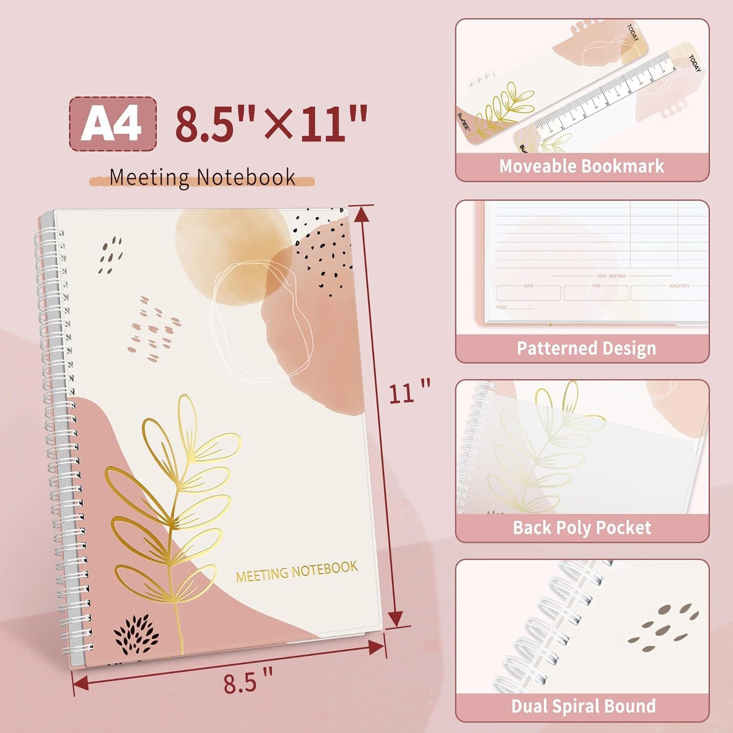 SUNEE Half Meeting Half Note - 8.5"x11" Professional Notebooks for Work - 160 Pages, A4 Size Project Planner, Spiral Meeting Agenda/Minutes Organizer for Women Men, Note Taking, Office & Business