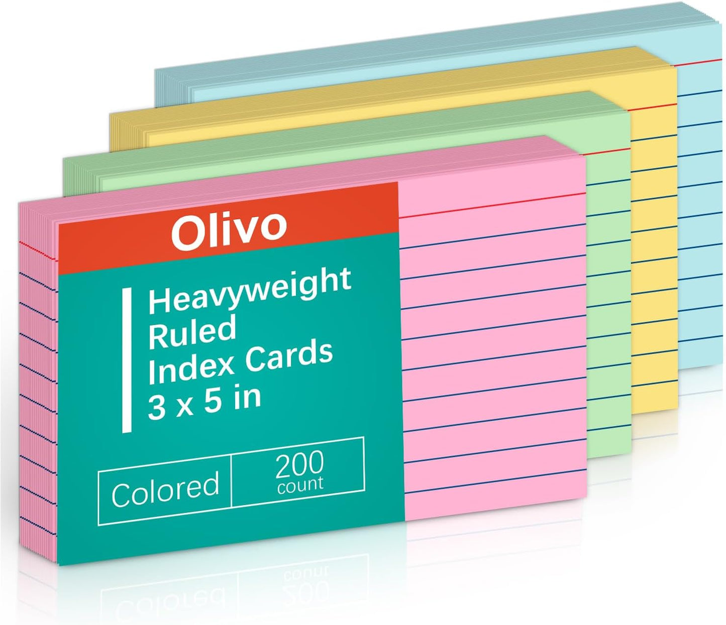 Colored Lined Index Cards 3x5 Ruled Note Cards 200 Count, Pastel Pink Green Yellow Blue, Assorted Colors