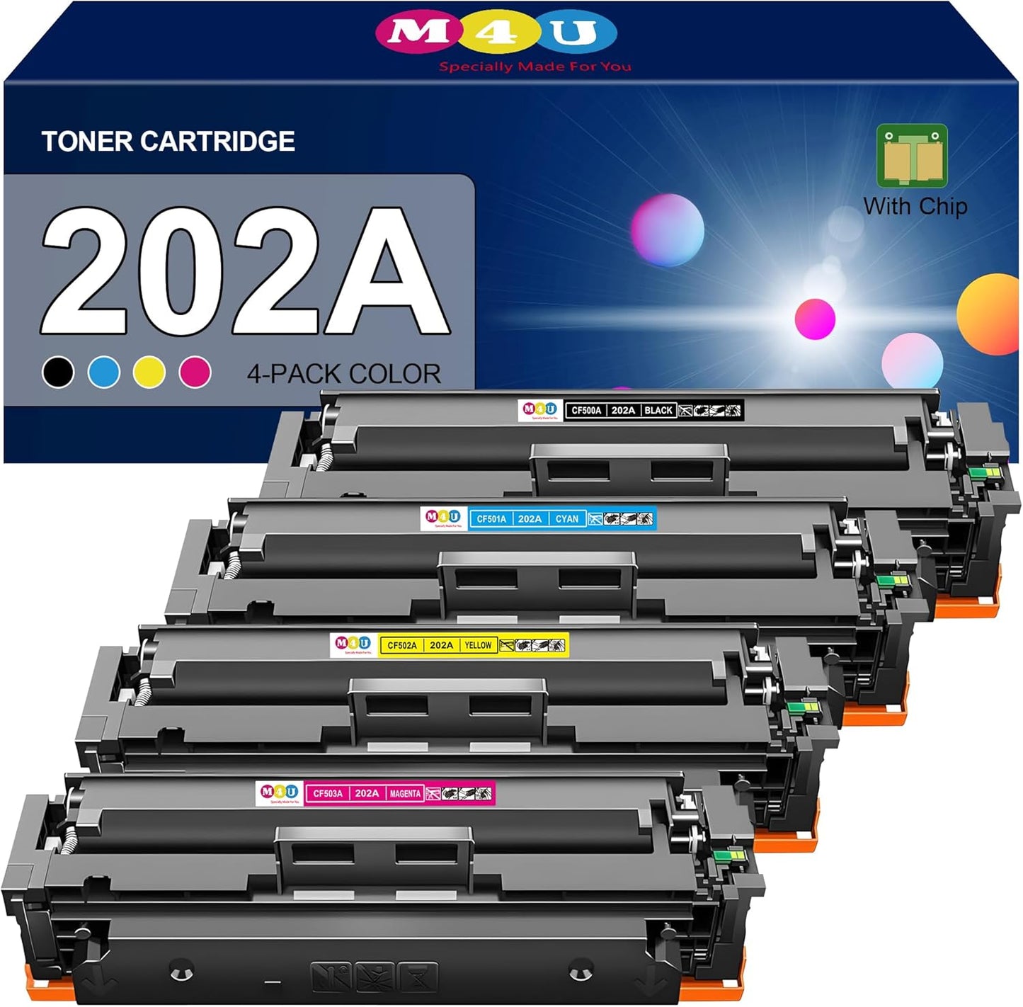 202A Toner Cartridges 4 Pack(with chip) Comaptible with 202A Toner Cartridges, Works with Color Laser Jet Pro M254dw; Color Laser Jet Pro MFP M281cdw, M281fdw Printers(Black Cyan Yellow Magenta)