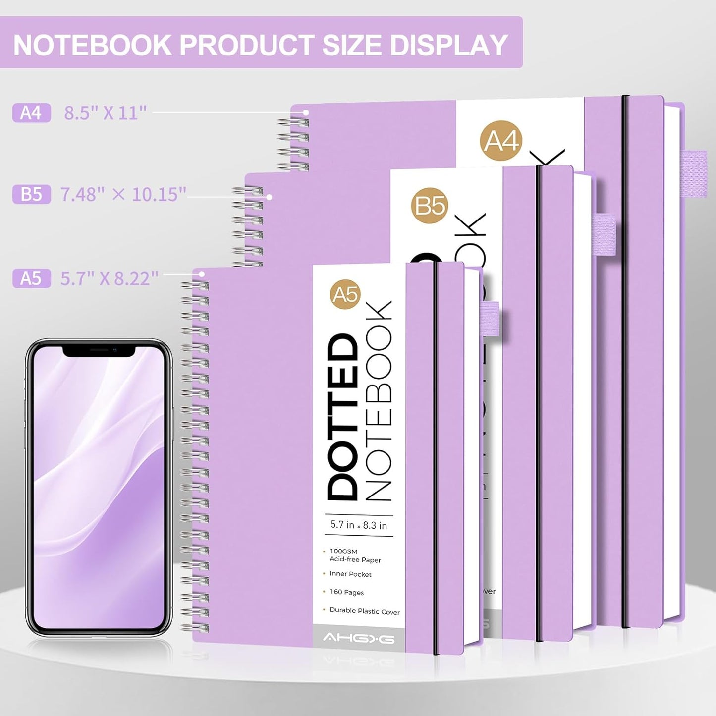AHGXG Bullet Dotted Journal - Dot Grid Spiral Notebook 8.5" x 11", A4 Large Dotted Notebook, 100 GSM Thick Paper, Waterproof Plastic Cover Journals for Bullet Journaling, Sketching, Purple