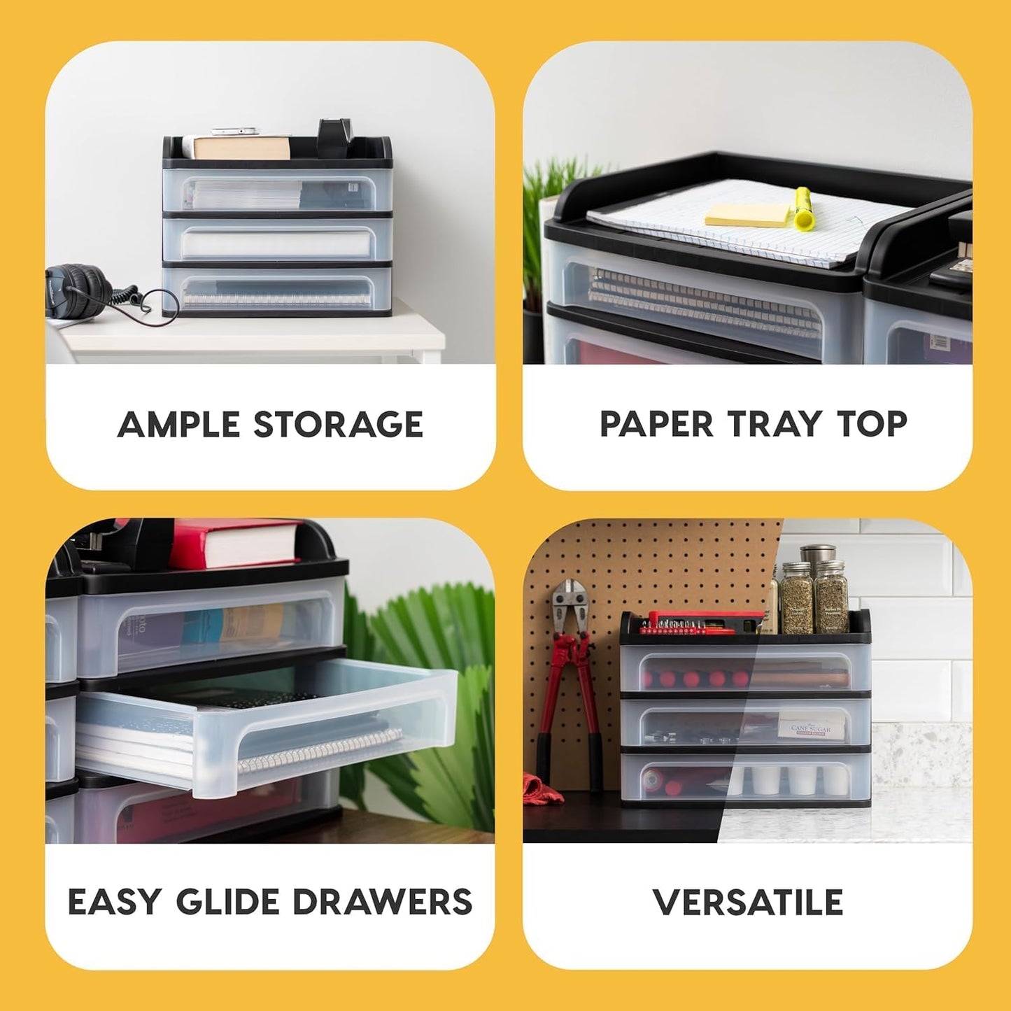 IRIS USA Plastic Desk Top 3-Drawer Storage Organizer with Paper Tray Top, 1-Pack, for Makeup Vanity Nail Polish Bathroom Stationery Art Craft Supplies Kitchen Office Garage Organization, Medium, Black