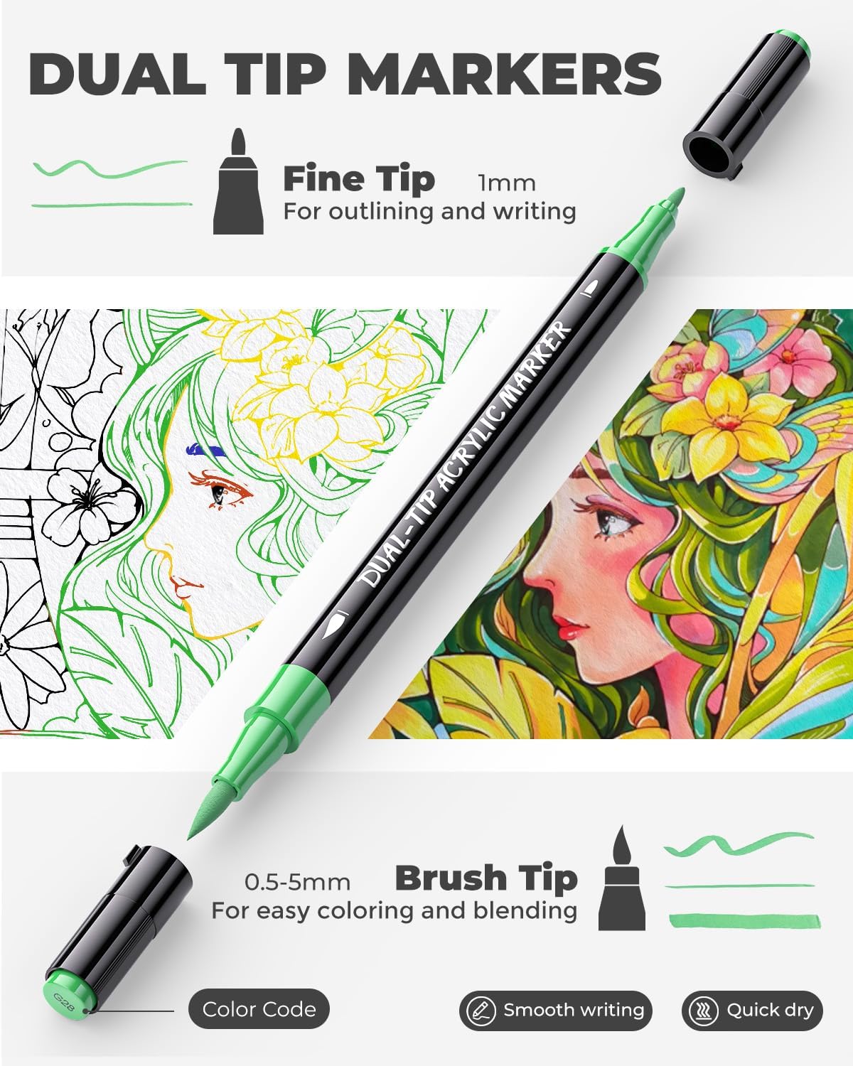 JusArt 48 Colors Acrylic Paint Markers Set With Bag, Dual Tip with Brush Tip and Fine Tip Paint Pens for Rock Painting, Wood, Egg, Canvas, Glass, Stone, Ceramic, DIY Crafts Professional Art Supplies