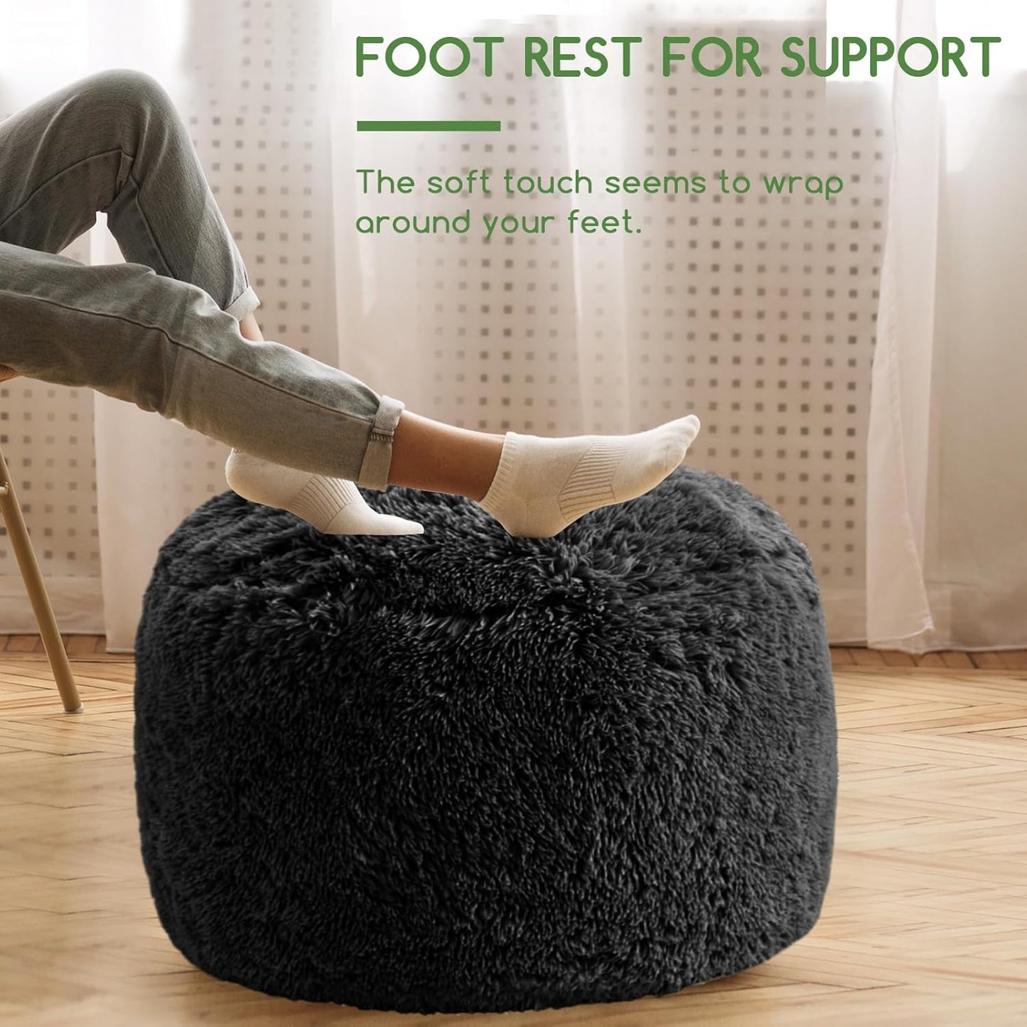 HIGOGOGO Round Stuffed Pouf Ottoman, Long Faux Fur Poufs with Foam Chunk Filling, Fluffy and Furry Pouf Foot Stool Storage Ottoman, 26 X 18 Floor Poufs Foot Rest for Living Room, Black
