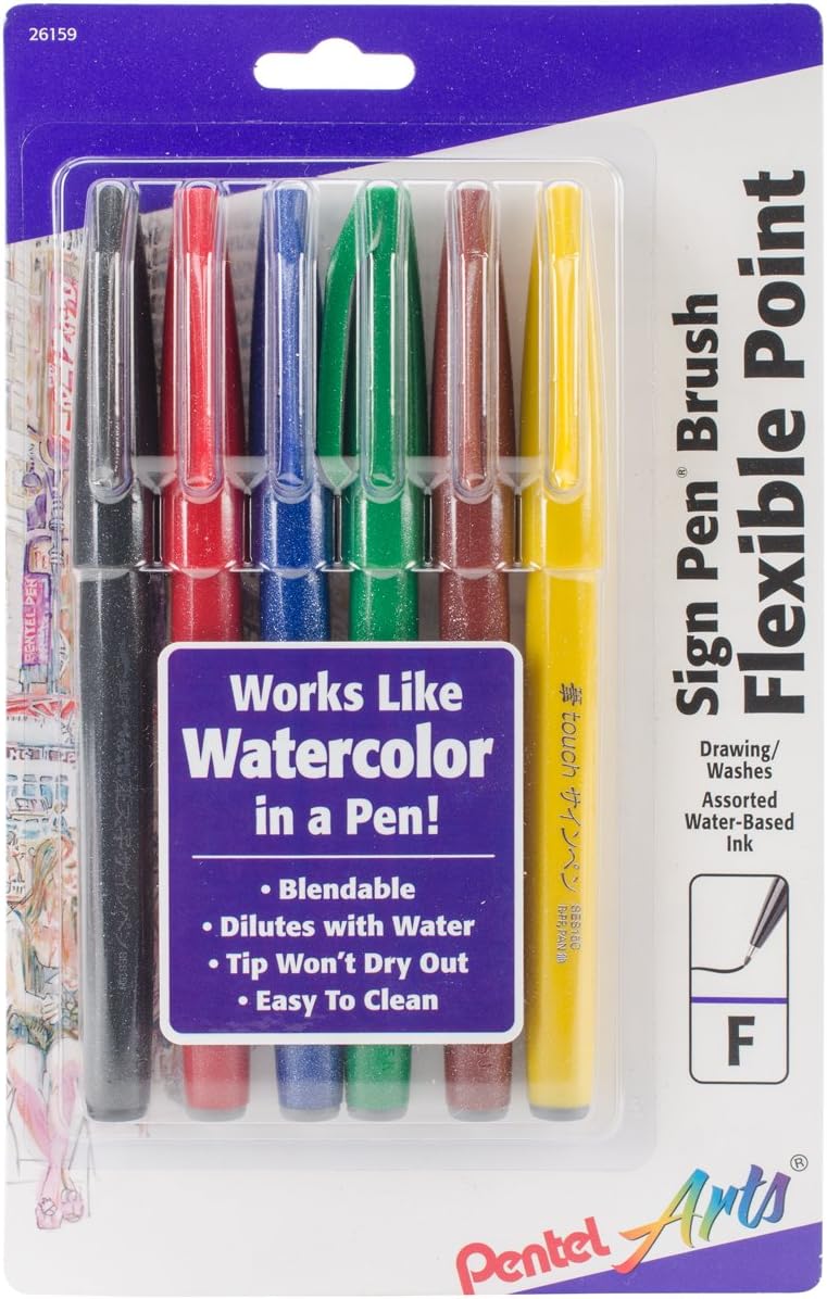 Pentel Arts Sign Pen Touch, Fude Brush Tip, Assorted Colors, Pack of 6 (SES15CBP6M)