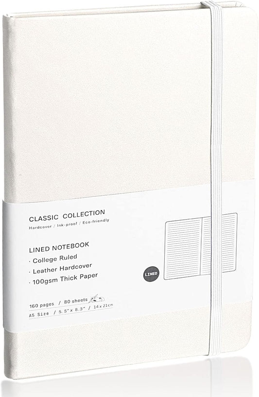 Lined Journal Notebook, (White), 160 Pages, Medium 5.7 inches x 8 inches - 100 gsm Thick Paper, Hardcover