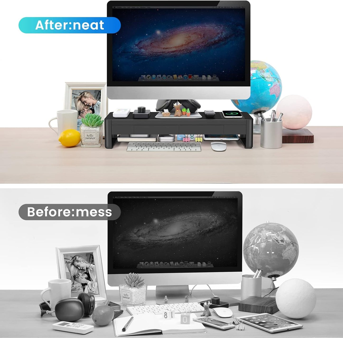 meatanty 3 In 1 Monitor Stand Riser with 2 Drawers,1 Wireless Charging Module and 4 USB Ports,Metal Computer Stand Support Transfer Data & Charging,Desk Organizer for PC,iMac (21 inches)