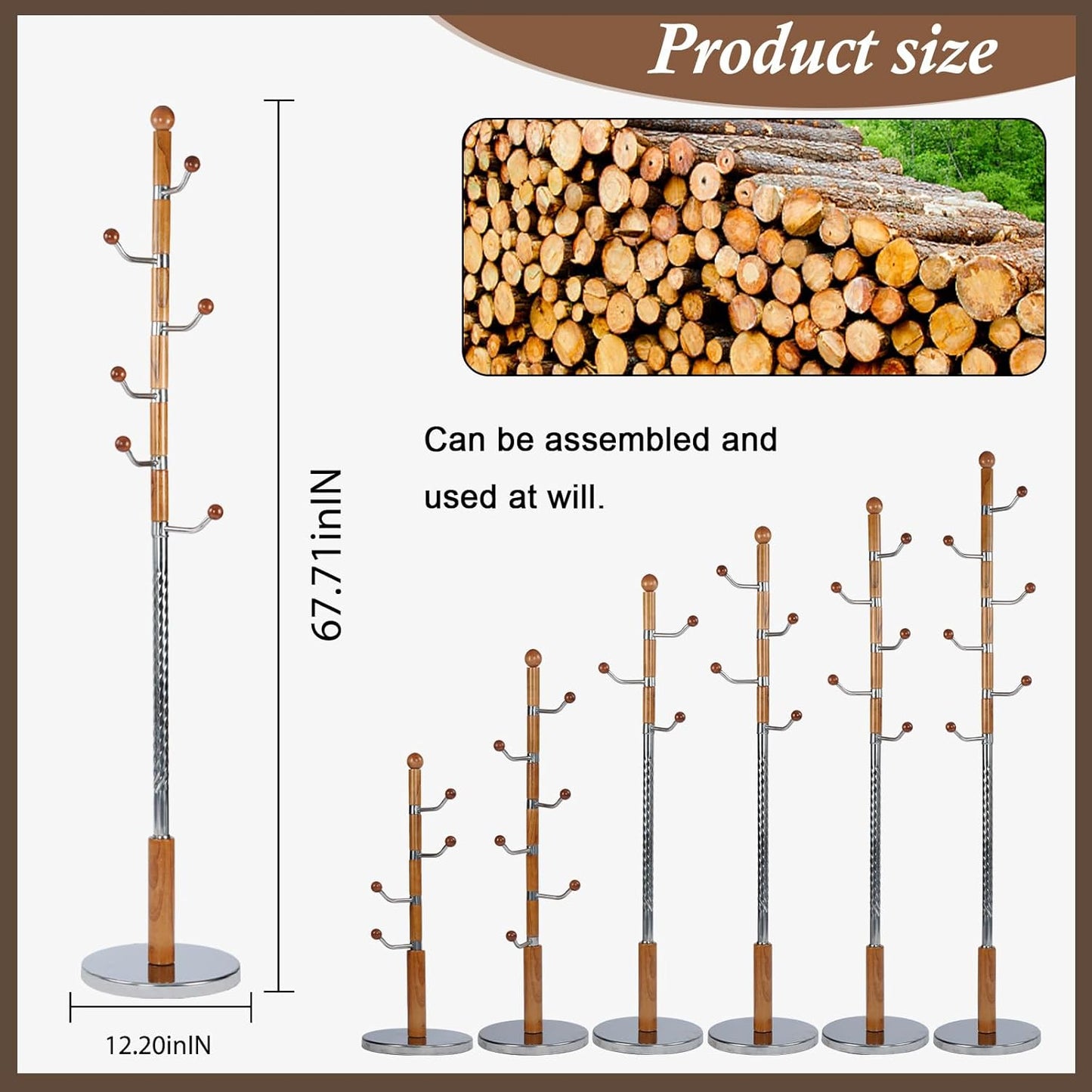 Wooden Coat Rack Freestanding, Vintage Coat Racks with Sturdy Round Base, Adjustable Height 37.40"-72.83" Entrance Coat Rack for Bedroom Living Room Entryway (Solid Wood Metal Hook)