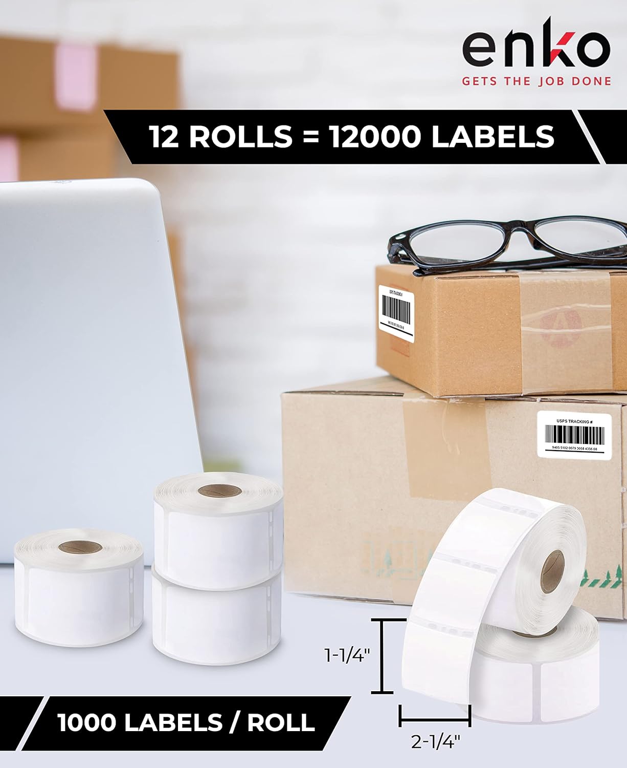 enKo (12 Rolls / 12000 Labels) 30334 Dymo Compatible Multipurpose Barcode (1-1/4" x 2-1/4")