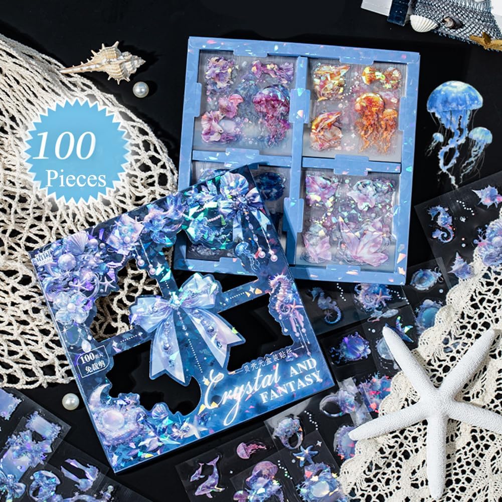 MAFELOE PET Scrapbook Stickers, 100 Sheets of Box Set, Aesthetic Deco Journaling Supplies for Junk Bullet Album Calendars Diary Planner- Crystal& Fantasy Series