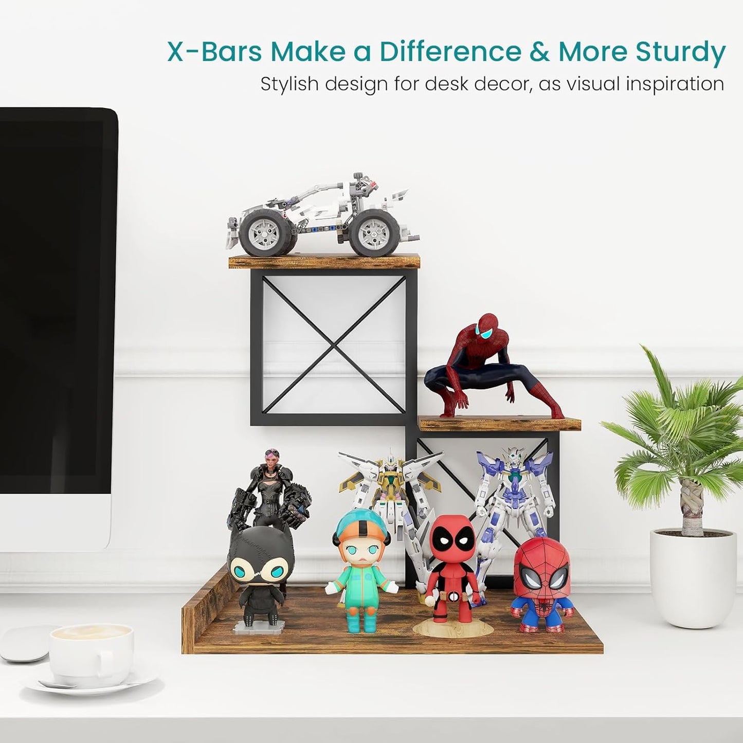 ELITEROO Desk Shelf Organizer, Wood Desktop Organizer Small Bookshelf, 3 Tier Storage Shelf Riser Display Stand for Office Decor and Desk Accessories, Rustic Brown Black