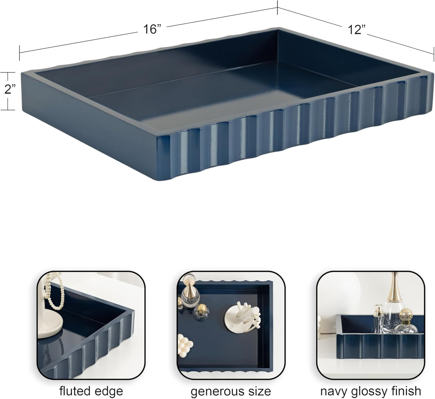 Kate and Laurel Lissi Decorative Rectangle Tray with Wavy Design, 16 x 12, Navy Blue, Modern Scalloped Serving Tray for Coffee Table Ottoman, Dining Table, or Entryway Catch-All Tray