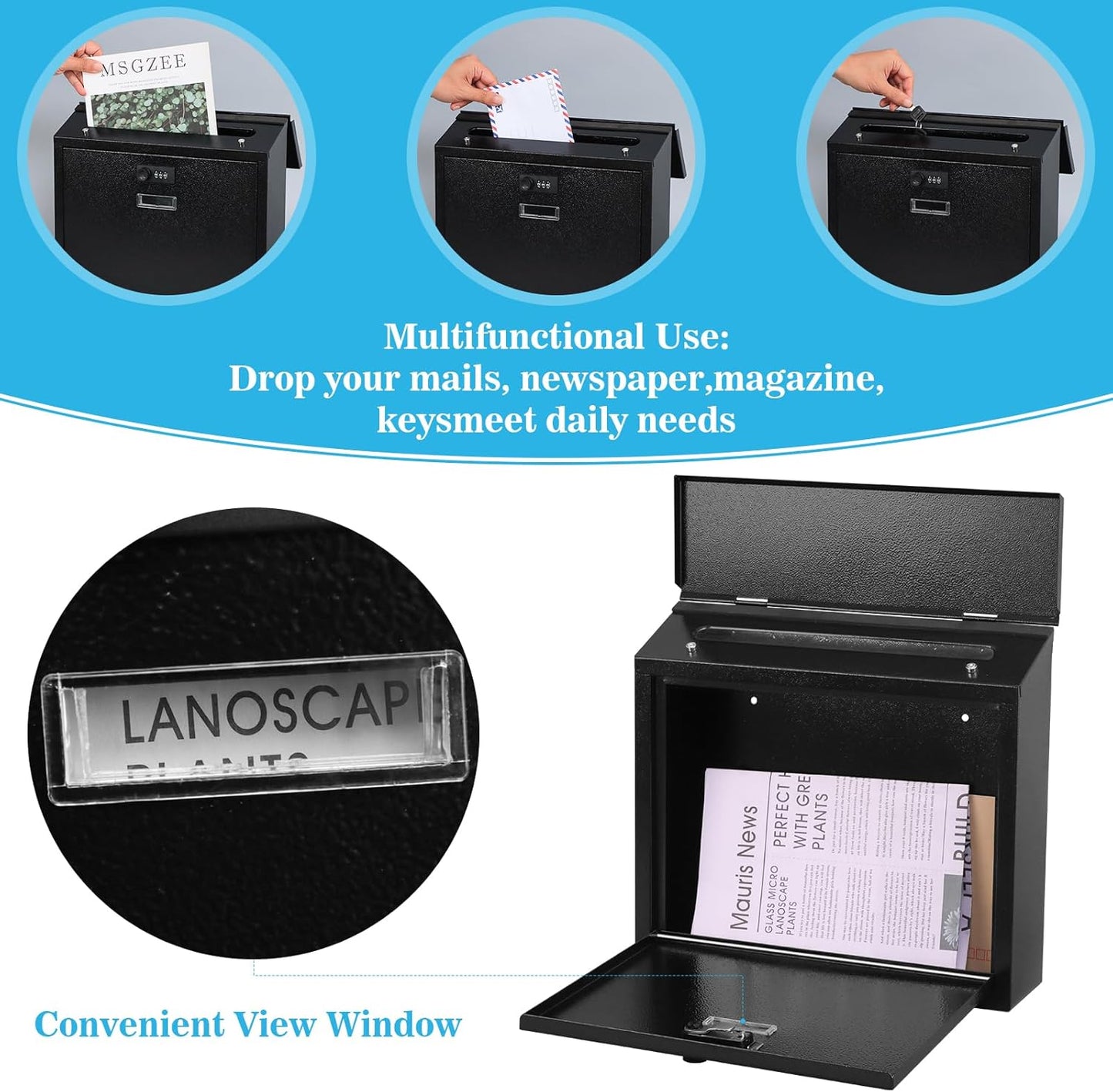 xydled Mail Boxes with Combination Lock,Locking Mailbox Wall Mounted,Security Metal Mailbox Drop Box, Modern Large Capacity,Steel Cover Metal Postbox for House Home Outside, Black, 14.2''x12.6''x4''