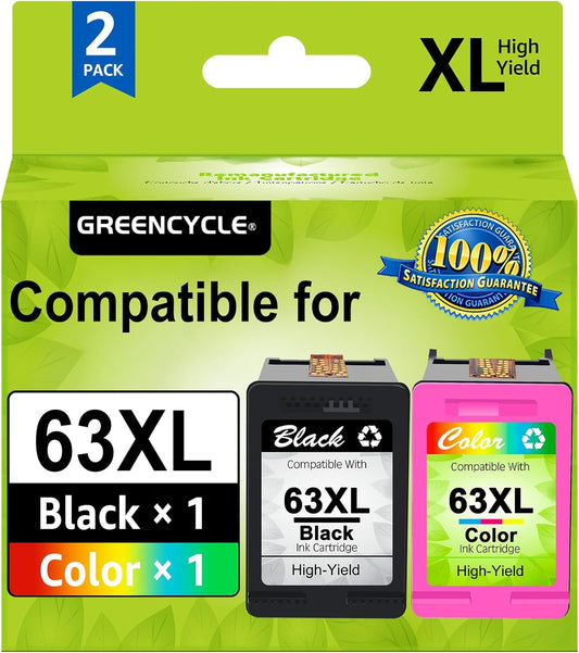 greencycle 63 XL Remanufactured Ink Cartridges Combo Pack Replacement for HP 63XL Compatible for Envy 4520 4512 4516 Officejet 4650 5200 5255 Deskjet 3630 3632 3639 (1 Black, 1 Tri-Color)
