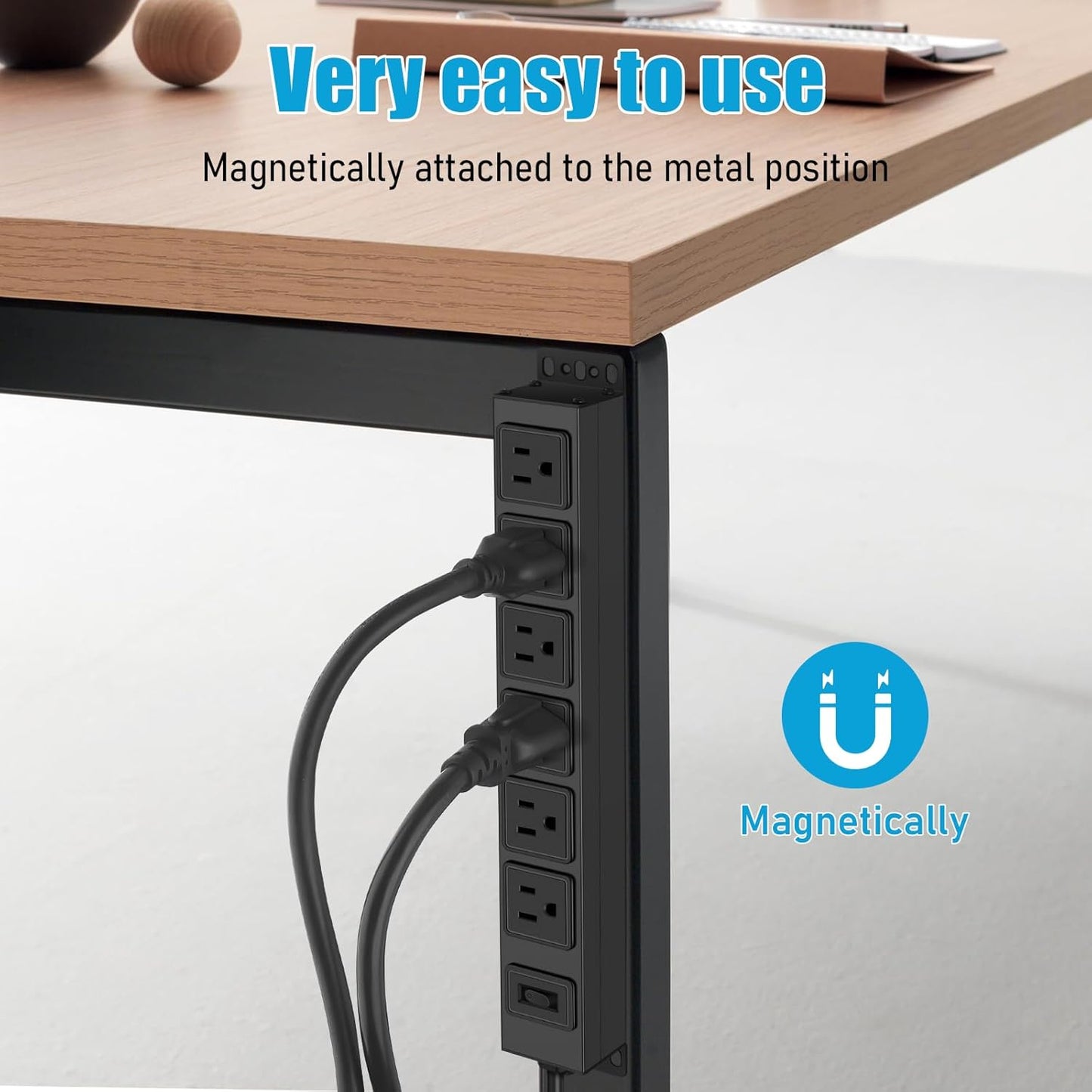 Magnetic Wall Mount Power Strip, Under Desk 6 Outlet Mountable Socket, Metal Long Heavy Duty Surge Protector for Garage, Gaming Table Or Workspace, 15FT Extension Cord.