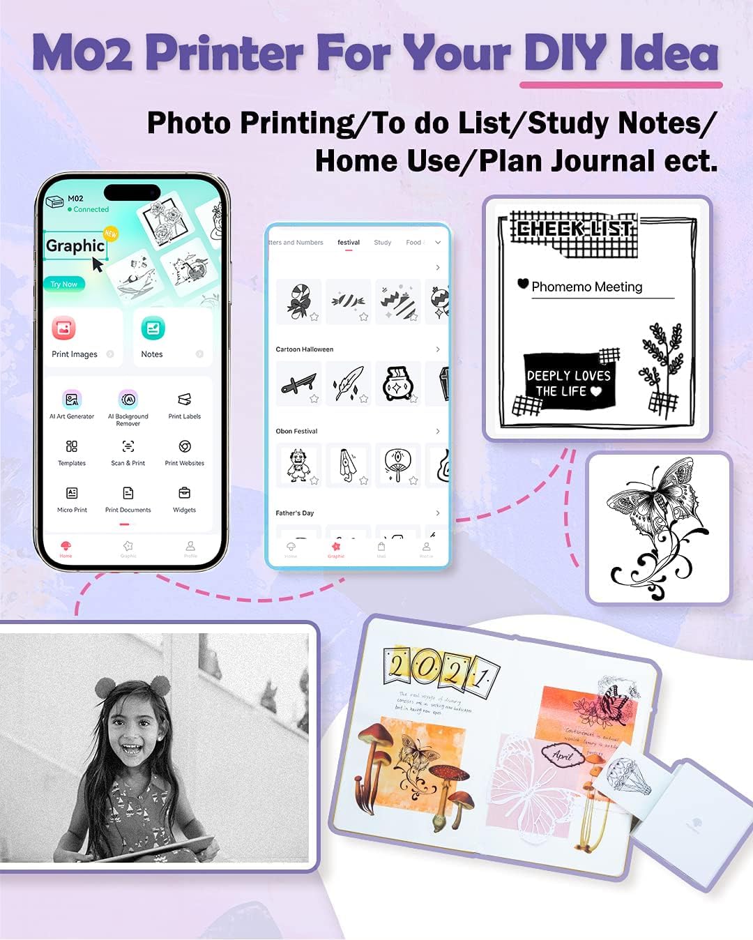 Phomemo Mini Sticker Printer- Mini Printer Sticker Maker Machine M02, Print Pods Suitable for Creative DIY, Diaries, Photos, Study Notes, Portable Thermal Inkless Label Maker for Home/Travel, White