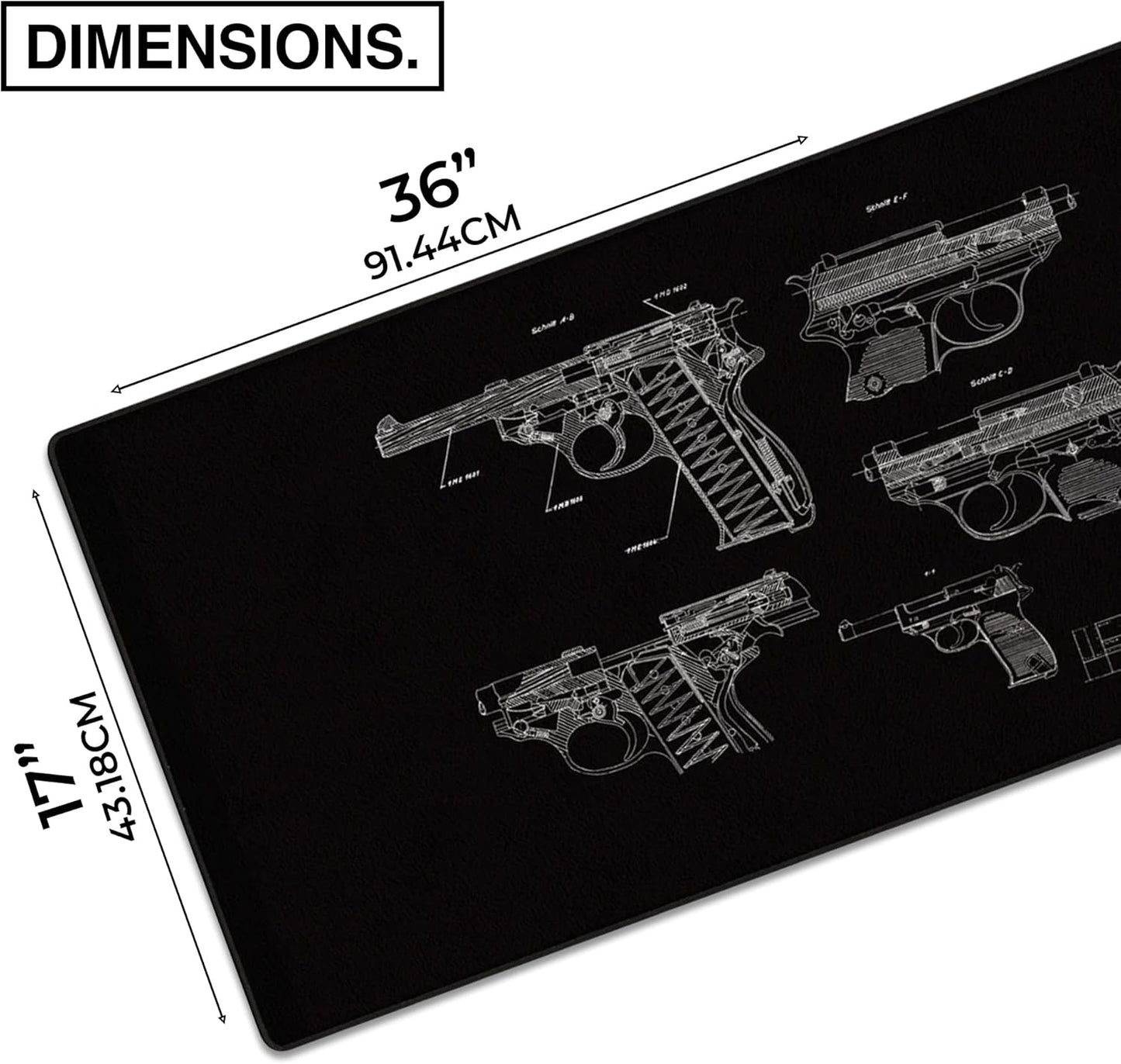 MPCO. Blueprints Large Gaming Desk Pad - 36" x 17" Duraglyde Fabric Pistol 38 – Black Desk Mats - Non-Slip, Washable, Smooth Glide for Precision Gaming & Work