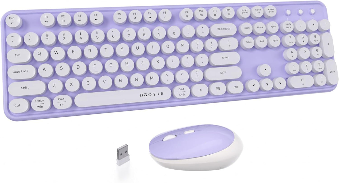 UBOTIE Colorful Computer Wireless Keyboards Mouse Combo, Typewriter Flexible Keys Office Full-Sized Keyboards, 2.4GHz Dropout-Free Connection and Optical Mouse (Purple-White)