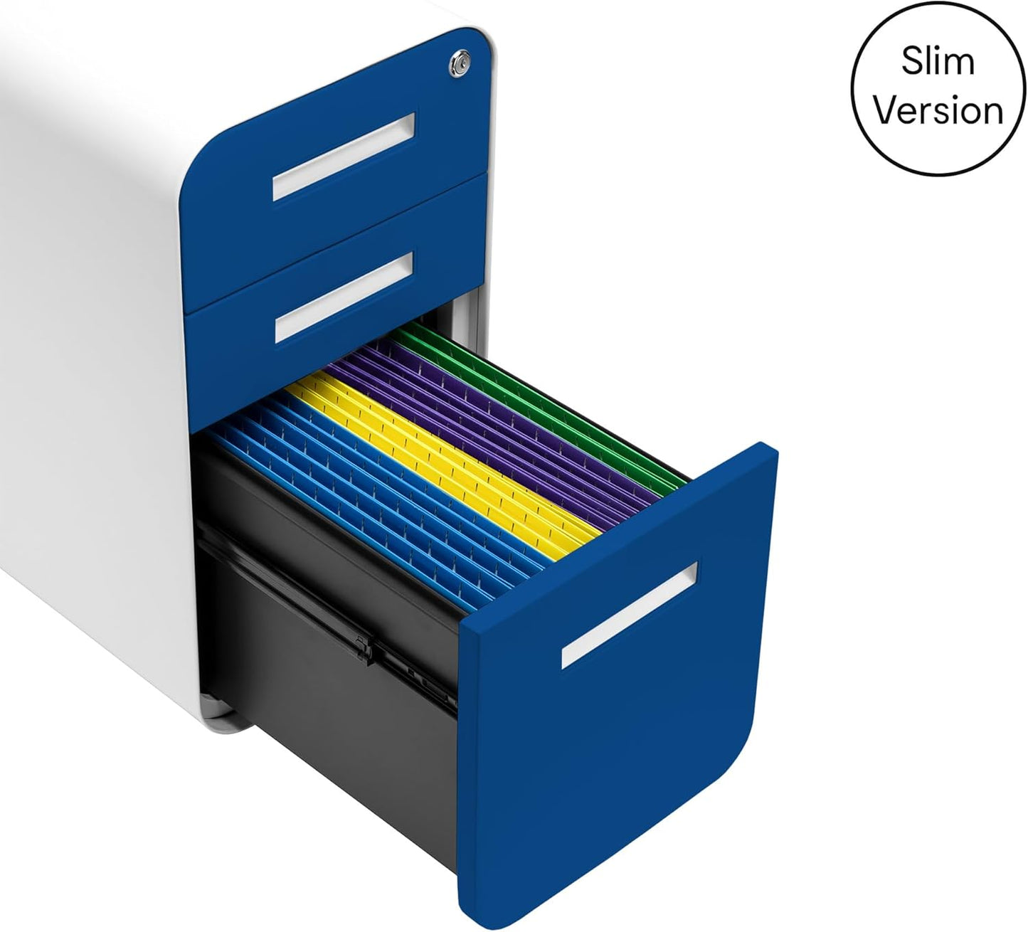 Laura Davidson Furniture Stockpile Slim 3-Drawer Mobile File Cabinet with Lock - Under Desk Metal Filing Cabinet, Legal/Letter File Folders, Wheels and Stationary Feet, Pre-Assembled, Blue Faceplate