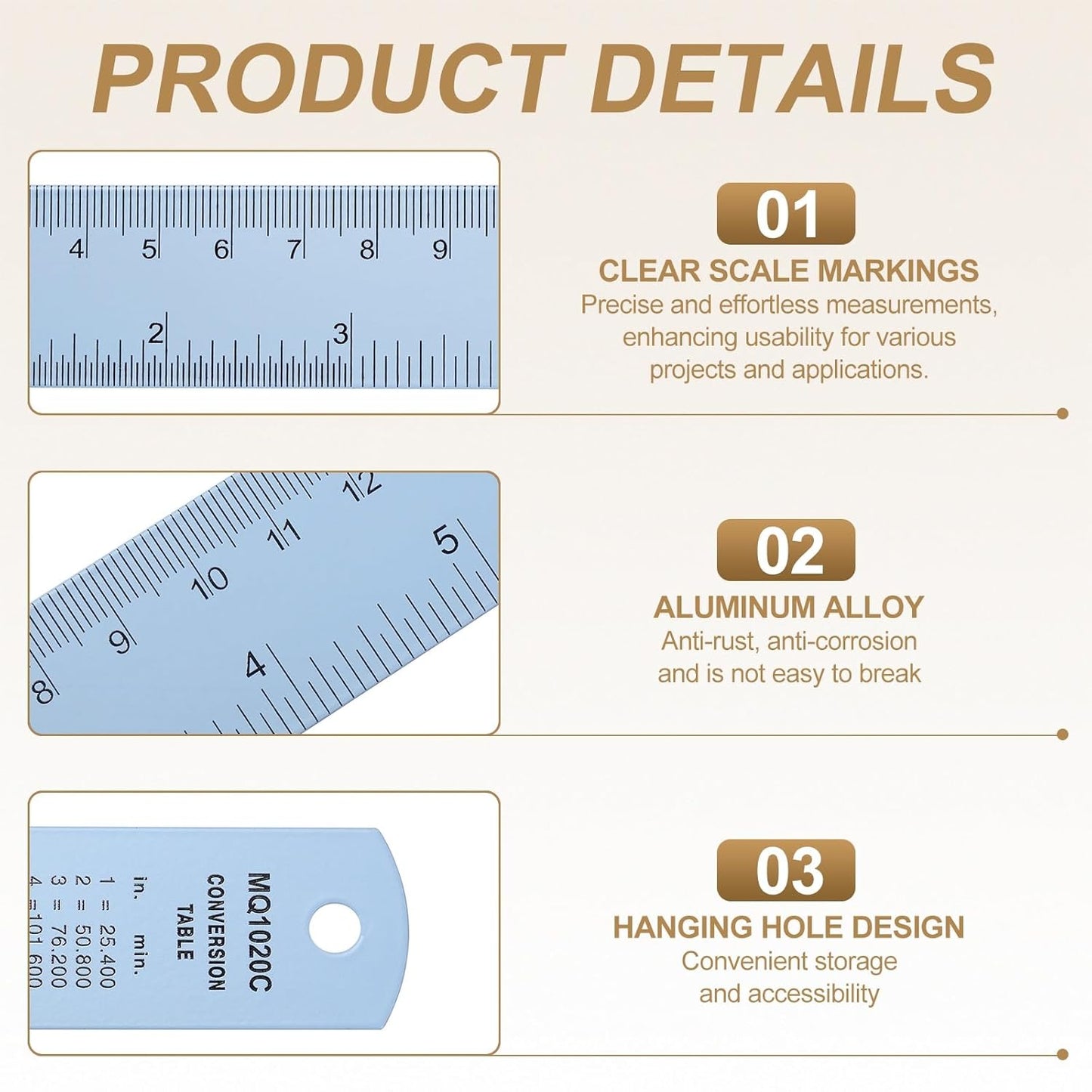 HARFINGTON 6pcs Metal Straight Ruler 15cm Metric SAE Aluminum Alloy Measuring Rulers Scale Tool with Hole for Measure Study Reading Classroom Office, Light Blue