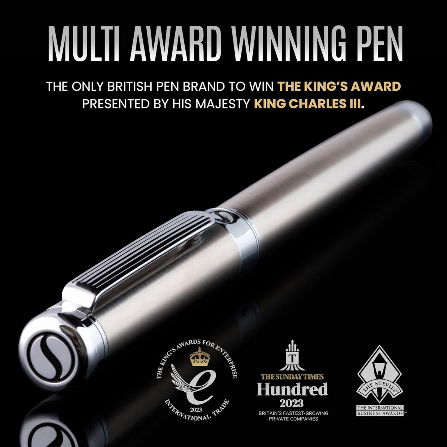 Scriveiner Stainless Steel Rollerball Pen - Stunning Luxury Metal Pen with Silver Chrome Finish, Schmidt Ink Refill, Best Roller Ball Pen Gift Set for Men & Women