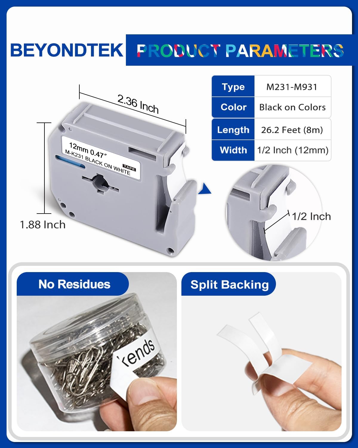 M Tape Work for PT-65 PT-70 PT-70BM PT-M95 Replace with Brother P Touch M Tape 12mm 0.47 Colors for M-K231s/M-431/M-531/M-631/M-731/M-831/M-931s with Label Maker PT-45 PT-80 PT-90 8m 26.2ft