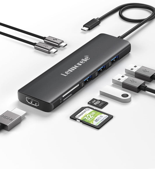 Lemorele USB C Hub 8-in-1 Adapter, USB-C Hub with 4K HDMI Output, 100W Power Delivery, USB 3.0 5Gbps Port, SD/TF Card Reader Adpater, Compatible for MacBook Pro, XPS, Chromebook and More（Black）